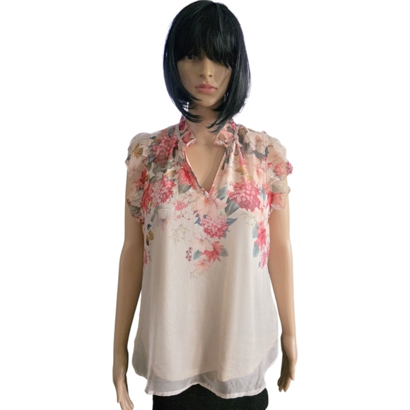 2/30$ Autres Filles Floral Chiffon Blouse Pink & Cream Ruffle Sleeves Top,Size S - Picture 12 of 12